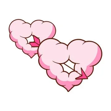 Two clouds in the form of heart pierced by an arrow. Colorful cartoon Stock Illustration