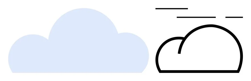 Two clouds one filled in blue and the other outlined in black with wind lines Stock Illustration