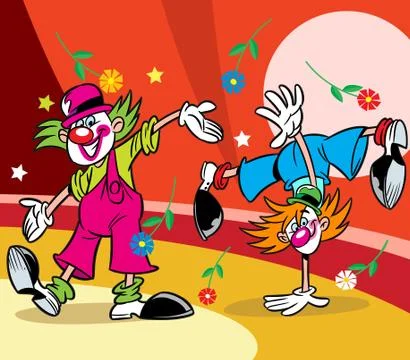 Two clowns performs at the circus arena Stock Illustration