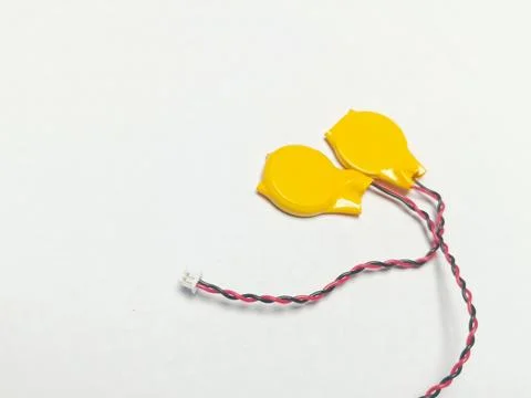 Two CMOS BIOS Backup Lithium Batteries with Connector Wires Stock Photos
