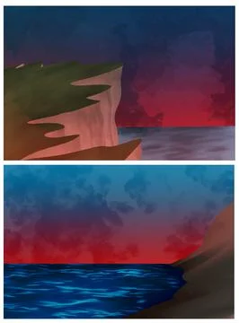 Two Coastal Cliff Scenes During Colorful Twilight Illustration Stock-Illustration