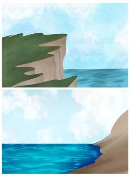 Two Coastal Cliff Scenes During Bright Day Illustration Stock-Illustration