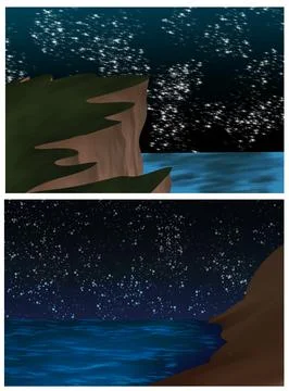 Two Coastal Cliff Scenes Under Starry Night Illustration Stock-Illustration