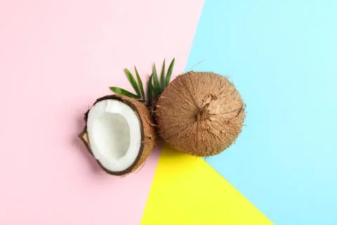 Two coconut one of which split with palm branch on color background Stockfoto's