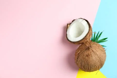 Two coconut one of which split with palm branch on color background Stock Photos