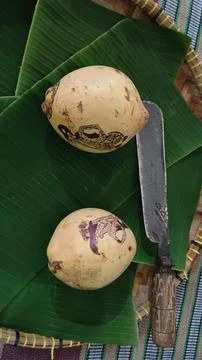 Two coconuts and a machete Stock Photos