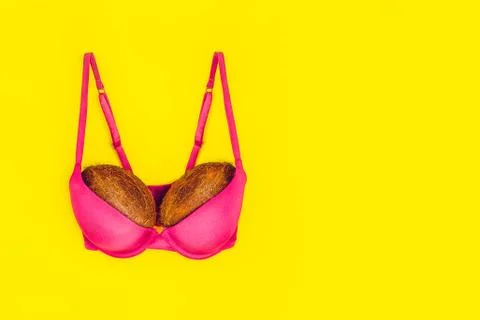 Two coconuts in bright pink bra on yellow background. Woman breast metaphor Stock Photos