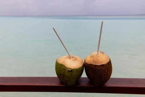 Two coconuts drinks together on Maldives vacation Clear blue water in background Foto stock