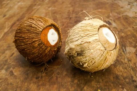 Two coconuts on table Stock Photos