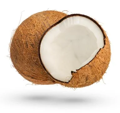 Two coconuts on a white isolated background. A whole coconut and half a coconut Stock Photos