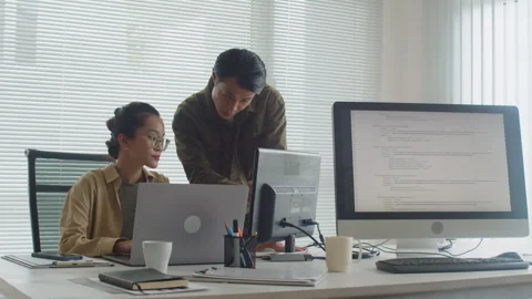 Two Coders Analyzing Idea while Developing New App Using Computer Video stock 256979781