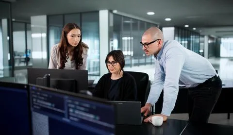 Two Coders Lead Diverse Team Developing Software Solutions In Office. 스톡 사진