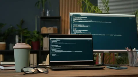 Two Coding Screens on Laptop and Computer at Desk in Modern Office Stock Footage 302888777