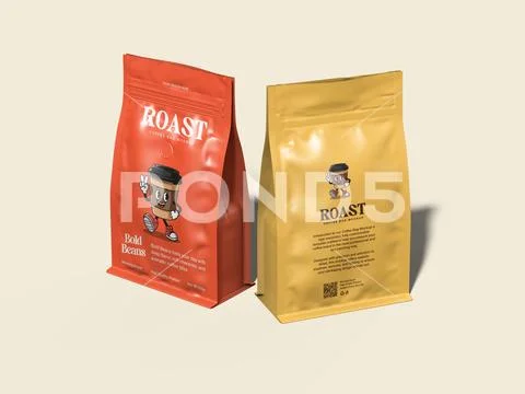 Two Coffee Bags Mockup 3D Zip Pouch Packaging PSD Template