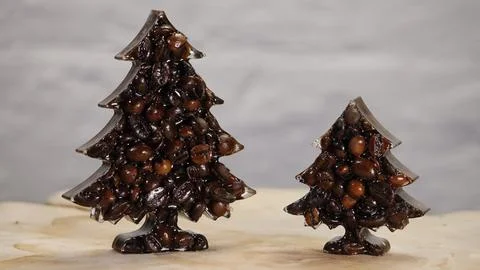 Two Coffee Bean Christmas Trees of Different Sizes Stock Photos