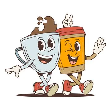 Two coffee cup mascots walking together. Groovy retro comic personages. Isola Stock Illustration