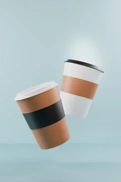 Two coffee cups are floating against a light blue background. Illustrazione stock