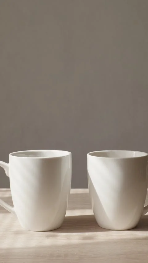 Two coffee cups waiting for coffee with side lighting, moving shadows Video stock 310595218