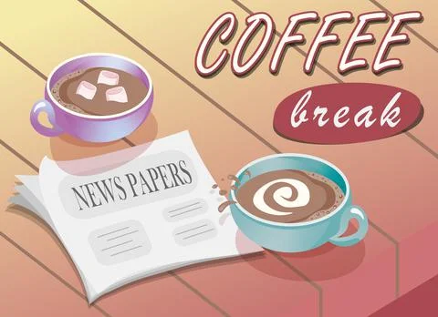 Two coffees on the table with a newspaper. Coffee break for two Illustrazione stock
