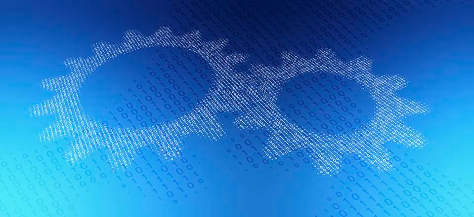 Two cogs in binary code against a blue background Illustrazione stock