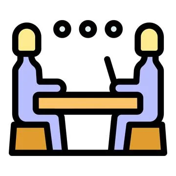 Two colleagues are having a discussion at a desk, one using a laptop, showcas Stockillustratie