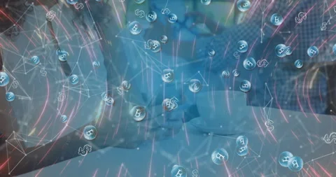 Two colleagues chatting over coffee in café, featuring floating crypto icons and 動画素材 307449489