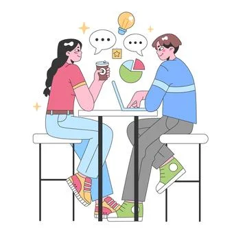 Two colleagues collaborate over coffee. Flat vector illustration. Stock Illustration