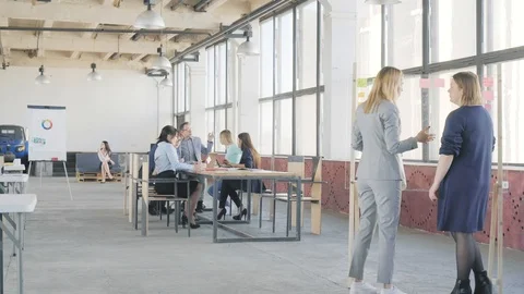 Two colleagues communicate and make a presentation on a glass board. The girl Stock Footage 109372704