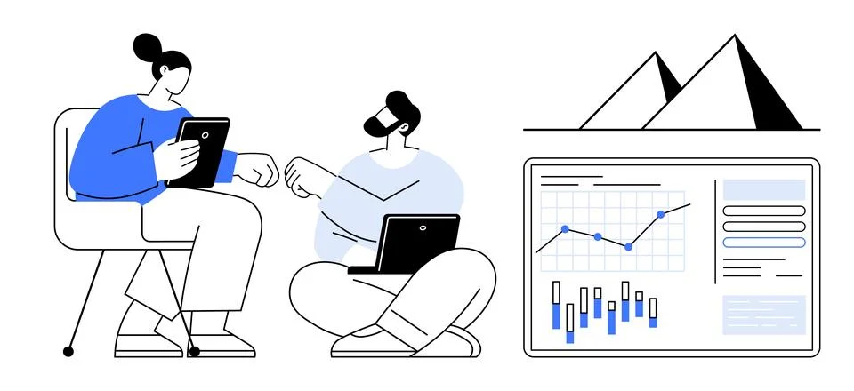 Two colleagues discussing data, one seated on a chair with a tablet, the othe Stock Illustration