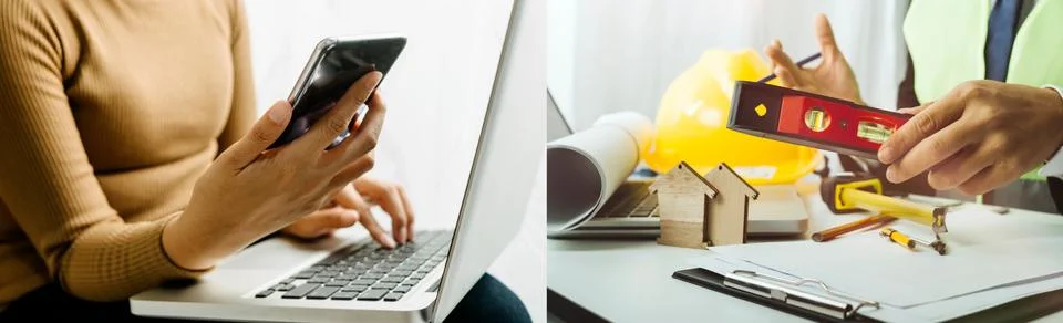 Two colleagues discussing data working and tablet, laptop with on on archit.. Stock Photos
