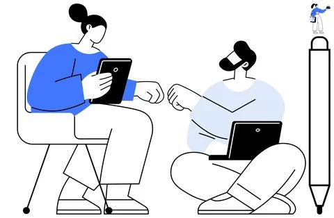 Two colleagues discussing ideas using digital devices during a casual offic.. Illustrazione stock