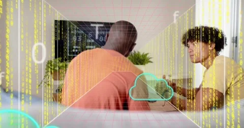 Two colleagues discussing tech idea, activating red grid, yellow code cascading, Stock Footage 316563981