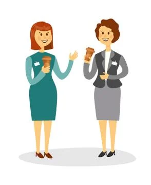 Two colleagues drinking coffee and talking in the office. Two smiling women are Stock Illustration