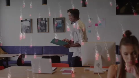 Two colleagues flipping green folder then showing smartphone walking to window Stock Footage 313149674