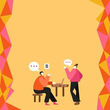 Two Colleagues Having Meeting Using Technology Discussing Future Plan Stock Illustration