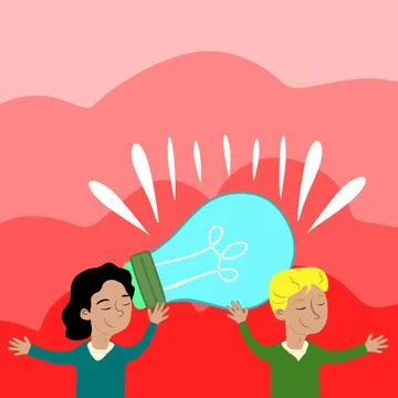 Two Colleagues Holding Lamp Presenting New Achievement Reached. Partners Raising Stock Illustration