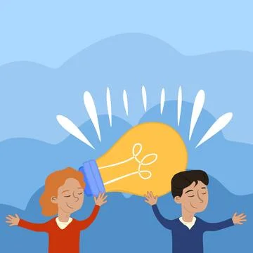 Two Colleagues Holding Lamp Presenting New Achievement Reached. Partners Raising Stock Illustration