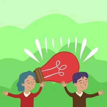 Two Colleagues Holding Lamp Presenting New Achievement Reached. Partners Raising Stock Illustration