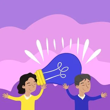 Two Colleagues Holding Lamp Presenting New Achievement Reached. Partners Raising Stock Illustration