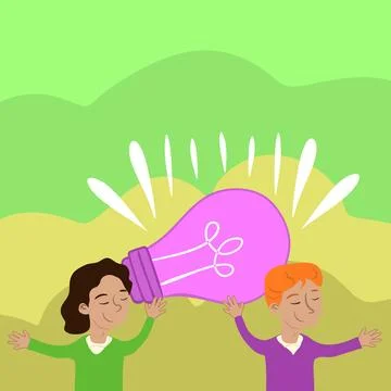 Two Colleagues Holding Lamp Presenting New Achievement Reached. Partners Raising Stock Illustration