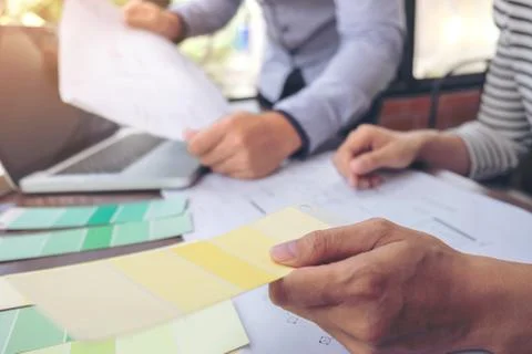 Two colleagues interior Creative creativity graphic designer working with gra Stock Photos