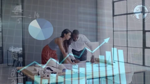 Two colleagues leaning over table, unrolling plans and spawning animated charts Stock Footage 334728688