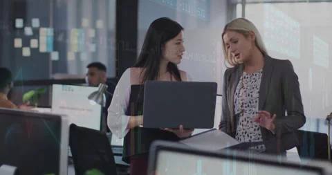 Two colleagues opening binder and comparing data with animated business charts Stock Footage 313149686