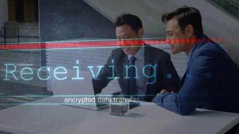 Two colleagues opening laptop and confirming encrypted transfer in tech meeting Stock Footage 333155019