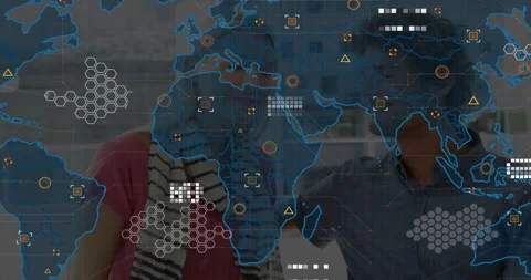 Two colleagues sharing eye contact by window, world map fading in over pair, Vídeo Stock 333903302