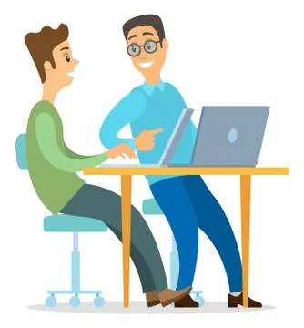 Two colleagues sitting at table, using laptops, businessmen discussing new Illustrazione stock