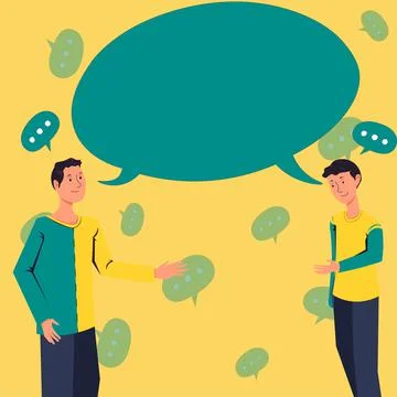 Two Colleagues Standing Discussing New Ideas With Speech Bubble. Business Stock Illustration