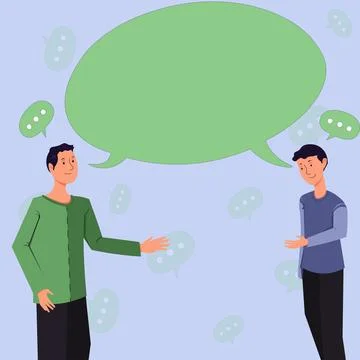 Two Colleagues Standing Discussing New Ideas With Speech Bubble. Business Stock Illustration