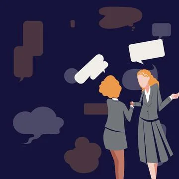 Two Colleagues Standing Sharing Thoughts Together With Speech Bubbles. Teammates Stock Illustration