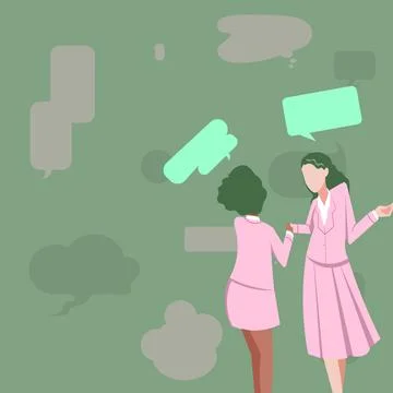 Two Colleagues Standing Sharing Thoughts Together With Speech Bubbles. Teammates Stock Illustration
